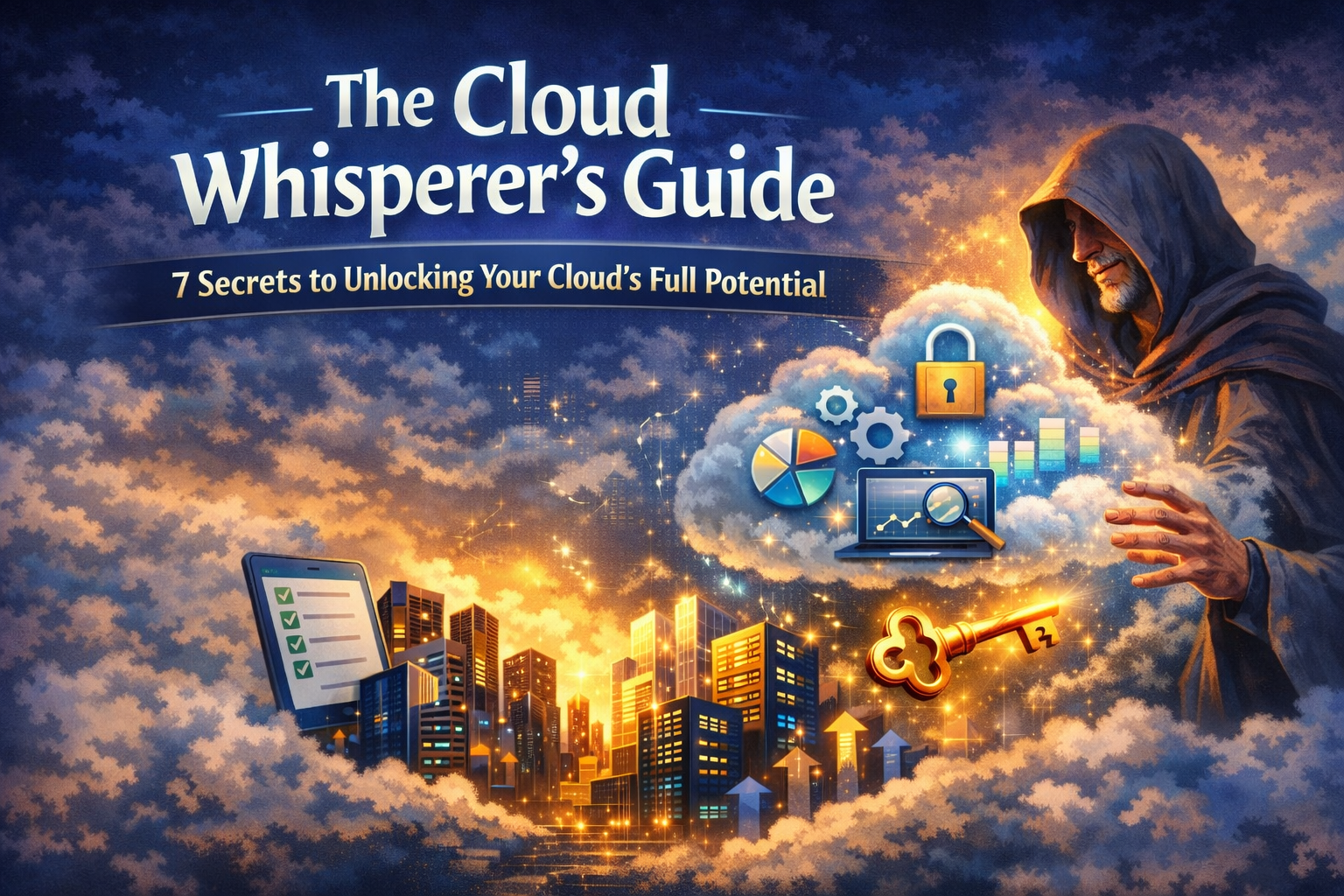 Cloud illustration showing analytics, security, and cloud optimization concepts